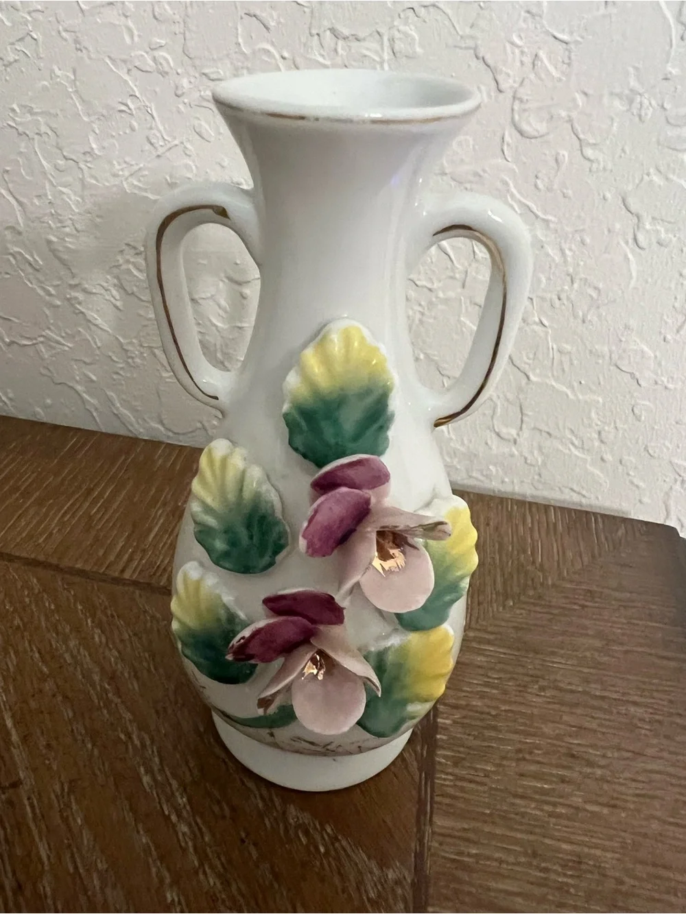 SmallWhite Ceramic Vase with Pink Flowers and Green-Yellow Leaves